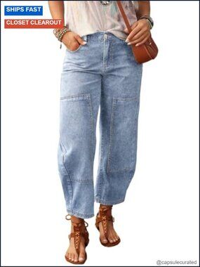 Washed High Rise Barrel Jeans Elastic Waist Cropped Tapered Balloon Denim Ankle